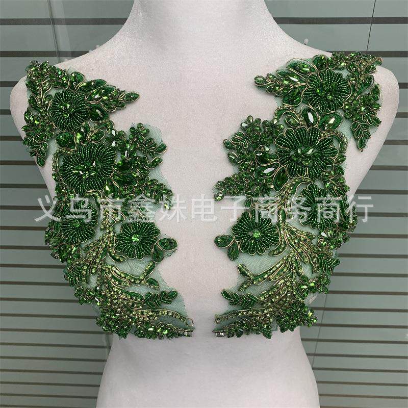 1对重工钉珠订钻花朵奢华珠绣对花领口胸花diy配饰贴花轻奢花边