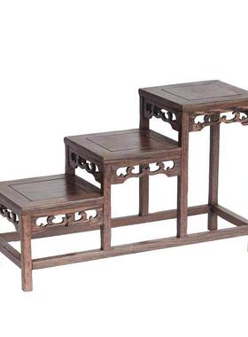 鸡翅木中高两低连台博古架红木工艺品展示架博古架小花架底托实木