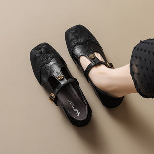 山茶花方头2026春款新款玛丽珍鞋女内增高一字带软底单鞋女平底