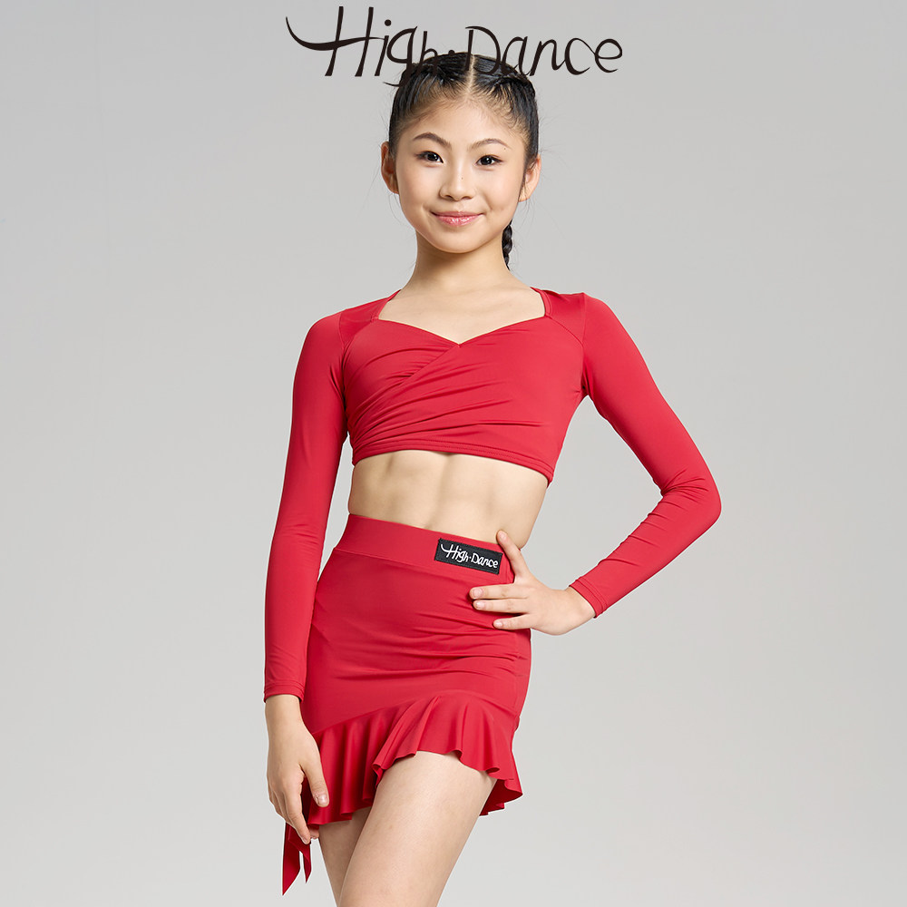 HighDance拉丁舞服女童红色长袖练功服套装儿童演出服练功服4198