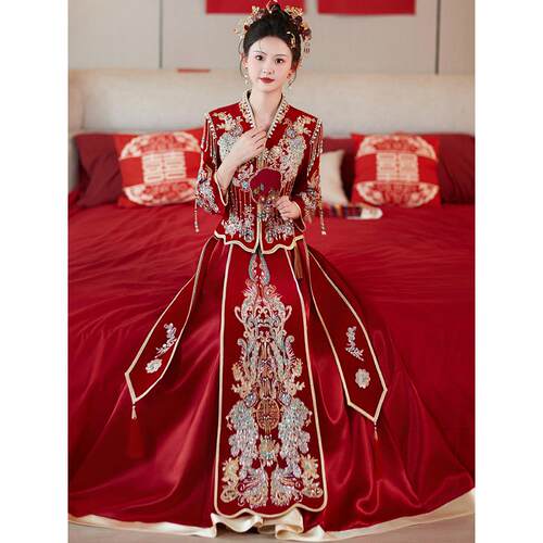V领丝绒修和婚纱2025新娘中国风婚纱婚纱修身小婚纱吐司婚纱