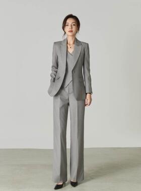 欧美春秋冬新款灰色帅气职业西装外套高级感西服马甲阔腿裤套装女