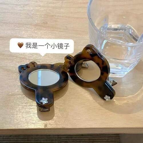 可爱KT镜子发夹!豹纹醋酸蝴蝶结猫咪发卡鸭嘴夹便携化妆镜配饰品