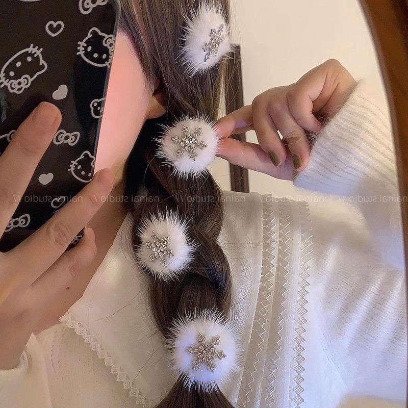 2只装~镶钻雪花发夹珍珠满钻圣诞节侧边夹发饰头饰毛绒毛球水貂毛