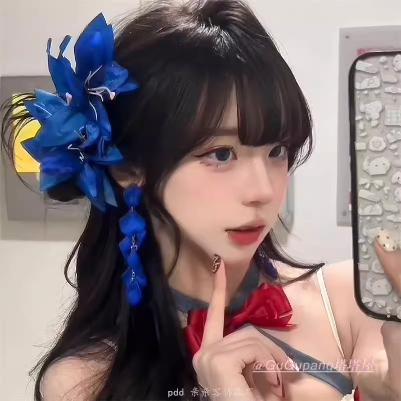 蓝色百合花朵发夹侧边假花头饰仿真花刘海发卡高颜值发饰拍照配饰