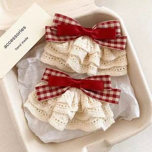 瑰夏予浪 可爱百搭后脑勺夹子头饰发卡 红色格子蝴蝶结发夹女法式