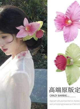 粉色百合花朵发夹女高级感边夹侧边刘海夹子发卡海边度假拍照头饰