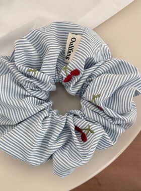 刺绣红色蓝条纹大肠发圈女韩系高级感头绳2025新款扎头发皮筋头花