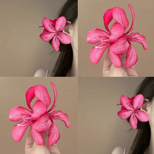 拍照红色百合花朵仿真度假发夹侧边配饰发饰头花发卡氛围头饰超仙