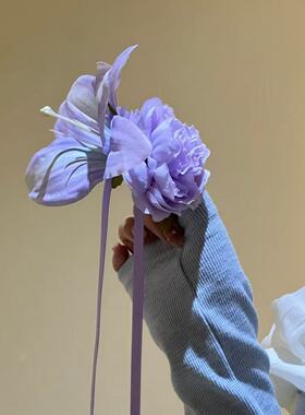 温柔气质紫色芍药花飘带蝴蝶结发夹森系甜美仿真花朵边夹氛围头饰