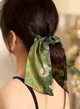 梵高的野玫瑰!绿色蝴蝶结马尾打结发圈!绑头发肠头绳女夏盘发器