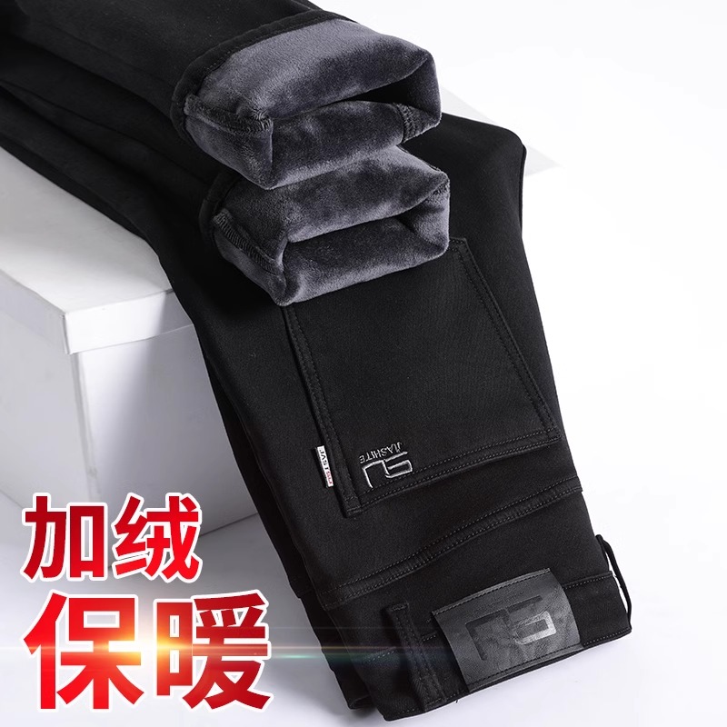 冬季加绒牛仔裤男直筒小黑裤男裤