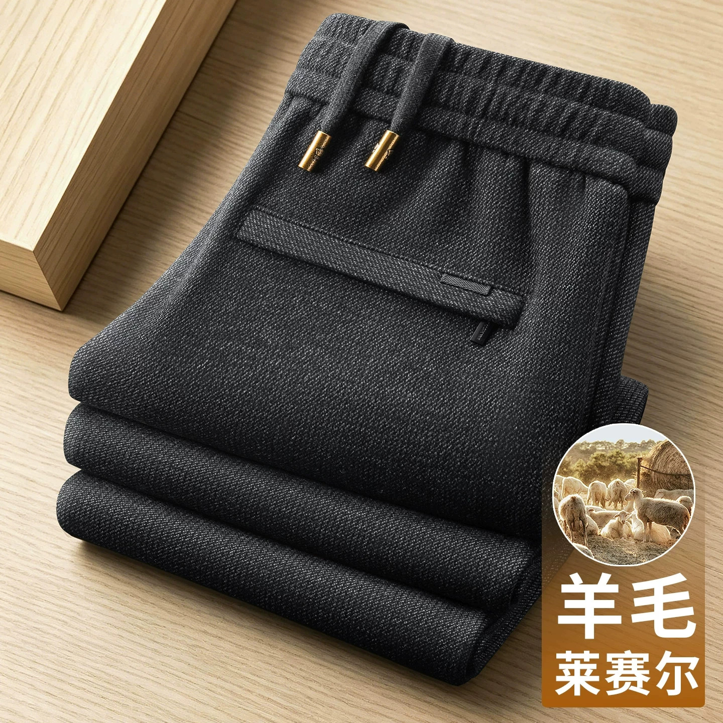 意大利高级感羊毛混纺休闲裤男士秋冬款直筒宽松百搭弹力阔腿卫裤