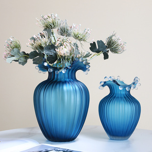 饰品花器插花摆件 简约蓝色波浪玻璃花瓶可水培客厅样板间售楼处装