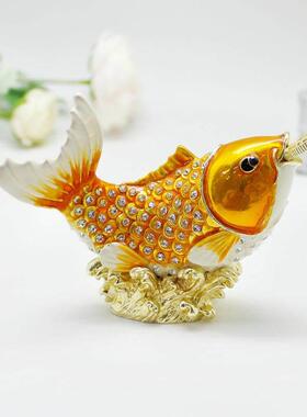创意招财珐瑯彩鲤鱼金属工艺礼品摆饰收纳摆件含币锦鲤风水装饰摆