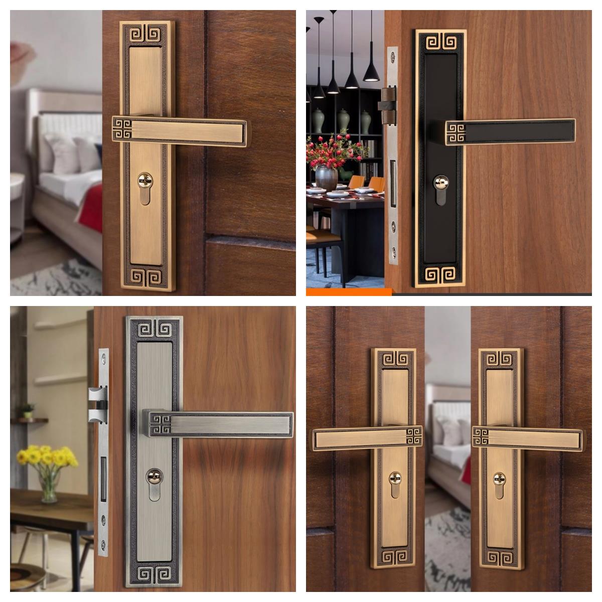 新中式门锁黄古铜卧室实木房间超静音门把手中国风锁具锌合金材质