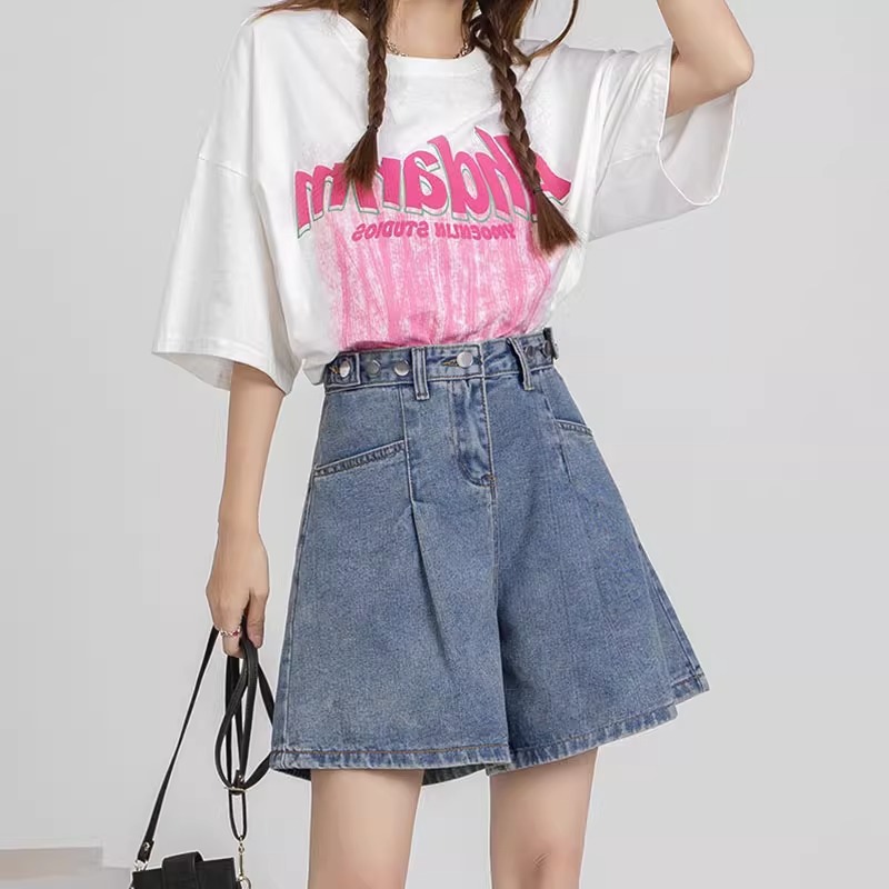 300斤大码女装复古高腰休闲牛仔短裤女胖mm学院风宽松显瘦a字热裤