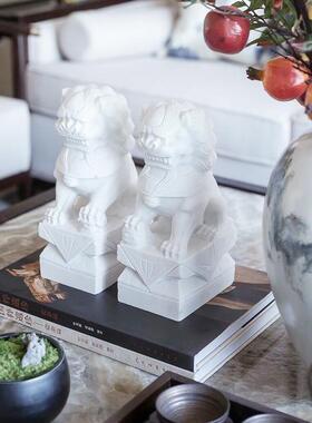 新中式白色小狮子花艺托盘组合摆件样板间茶几家居艺术软装饰品