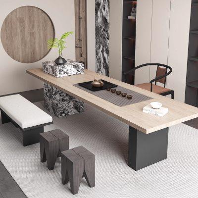 新中式轻奢实木茶桌椅组合现代简约岩板泡茶桌办公室会客茶台家具