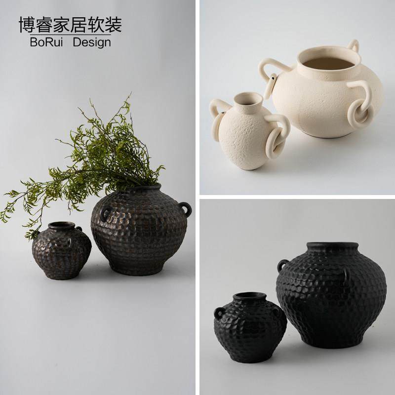 侘寂风格复古创意手工挂耳陶瓷罐大肚花瓶样板间酒店台面花器摆件,家居饰品,花瓶,淘宝优惠券,粉丝福利购,淘宝优惠卷