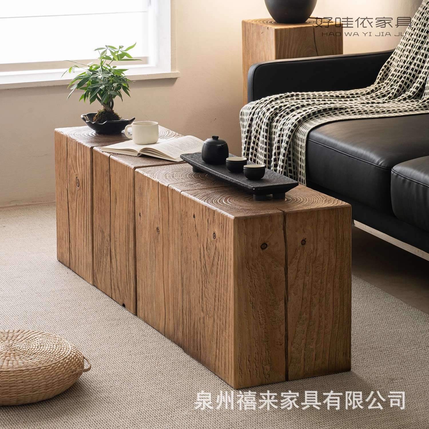 复古做旧方形实木墩子酒店摆件组合茶几树桩木桩民宿原木花架底座