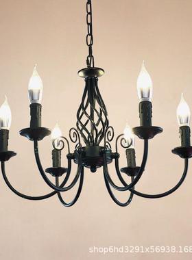 跨境美式吊灯黑色铁艺蜡烛卧室灯简约个性复古书房灯餐厅LED灯具