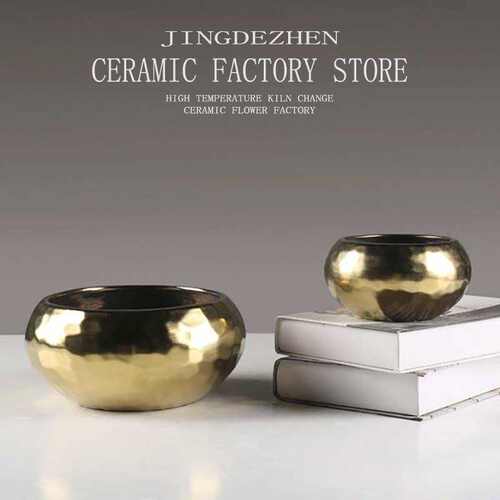 新疆包邮金色花瓶摆件欧式简约客厅花盆器茶几插花烟灰缸花陶瓷样