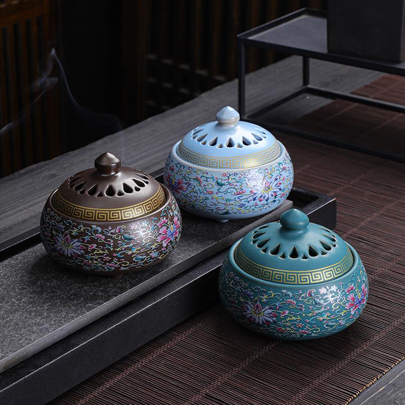 珐琅彩香炉家用居室佛堂香薰炉沉香盘香托陶瓷香薰塔香线香盘