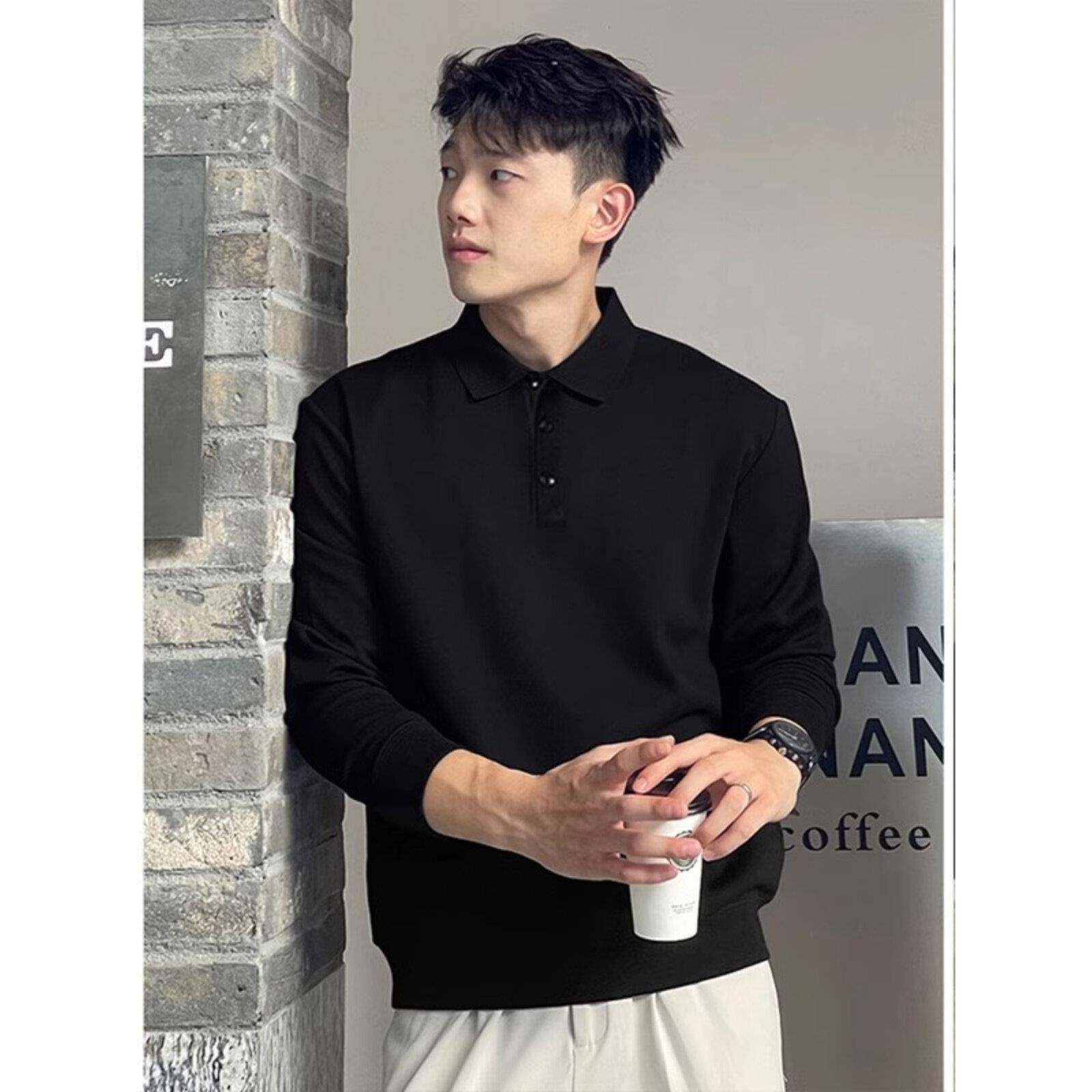 色Po打lo领长袖T恤男款成熟衣稳重男装底杉上潮牌休闲翻领黑CGQ卫