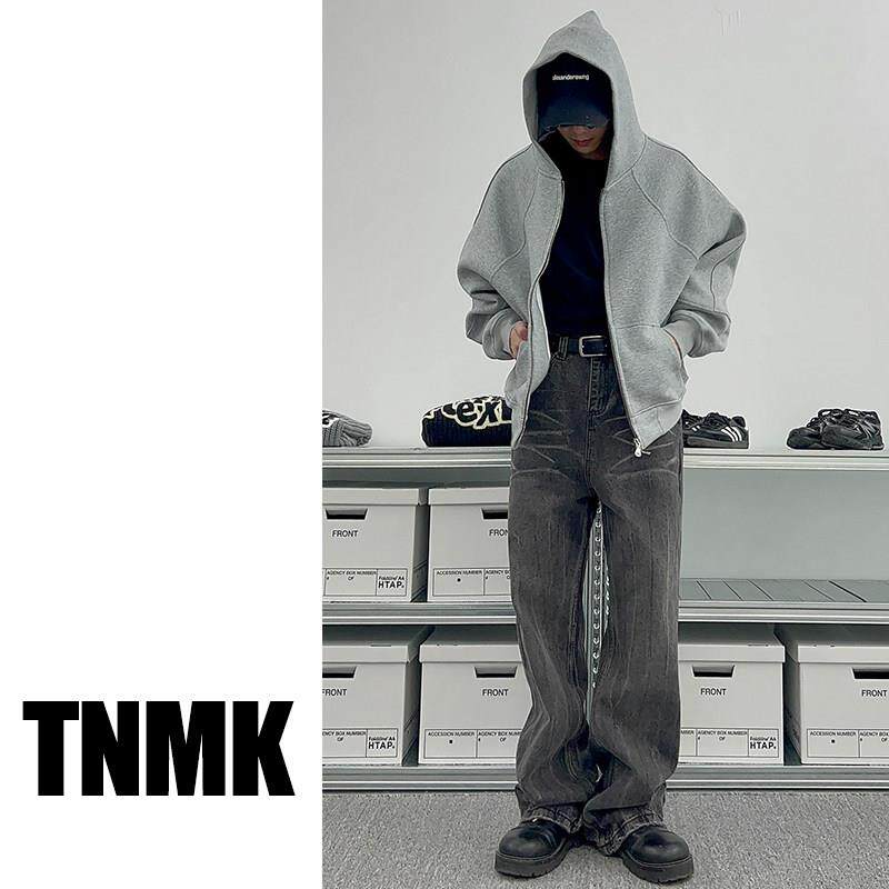 TNMK美式重磅500G灰色开衫卫衣男女纯色落肩袖连帽短款宽松外套潮