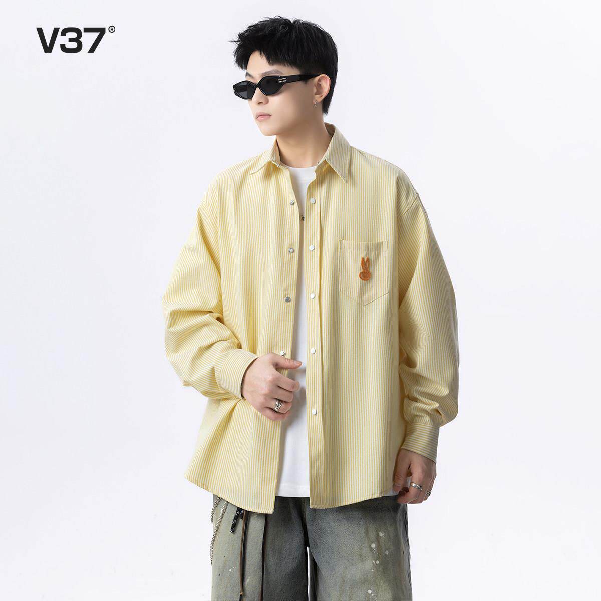 V37多巴胺黄色潮长袖衬衫男夏206V25CYF72新款牌刺2绣青少年条纹