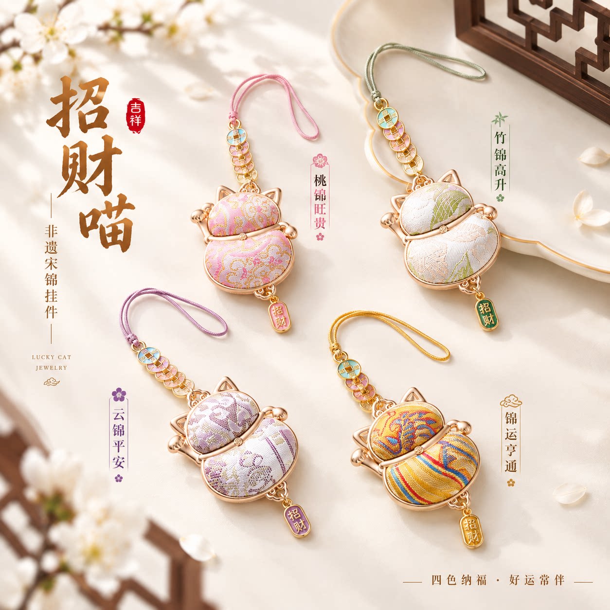 【高品质】新中式宋锦招财猫包挂件五帝钱钱袋子招财纳福吊坠饰品