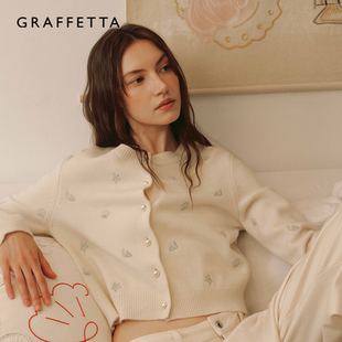 GRAFFETTA新品 复古慵懒黑白MIU风百搭 25年秋海洋刺绣羊毛针织开衫
