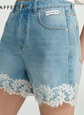 GRAFFETTA原创设计25春新款花边牛仔短裤 夏季休闲甜辣高腰显瘦