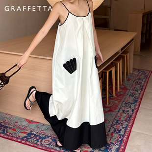 GRAFFETTA明星同款 原创设计宽松显瘦优雅大露背 贝壳吊带度假长裙