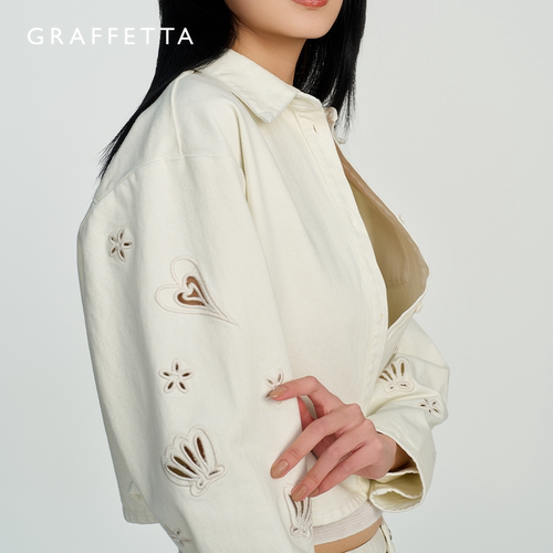 GRAFFETTA原创设计25春新款镂空贝壳牛仔衬衫 夏季翻领女款百搭