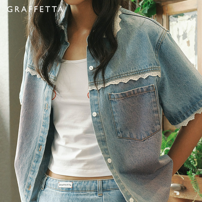 GRAFFETTA牛仔蝴蝶结花边衬衫