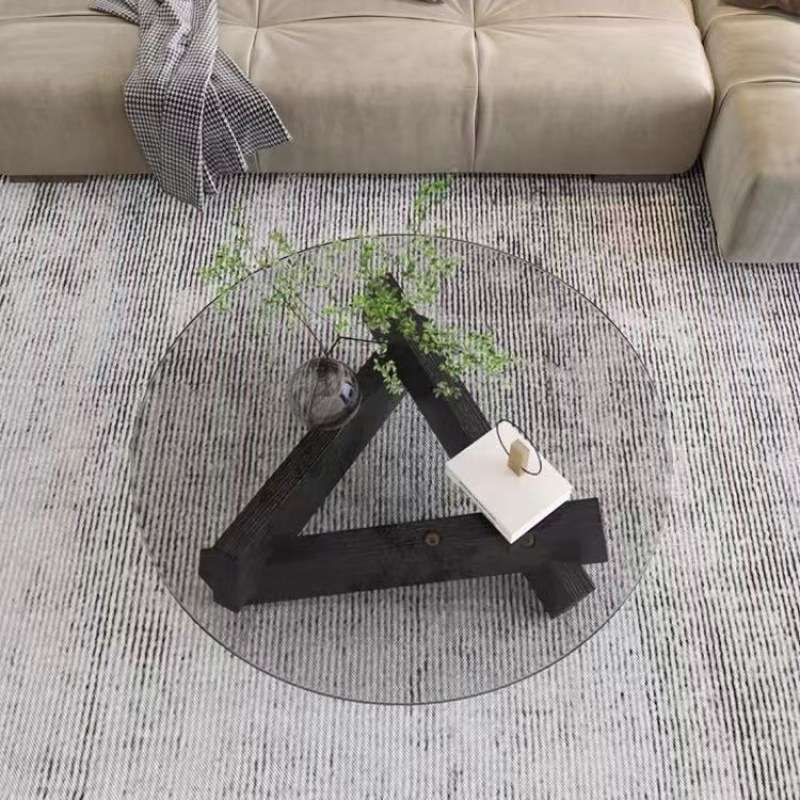 圆形茶几家用小户型客厅钢化玻璃实木茶桌民宿现代简约设计茶几