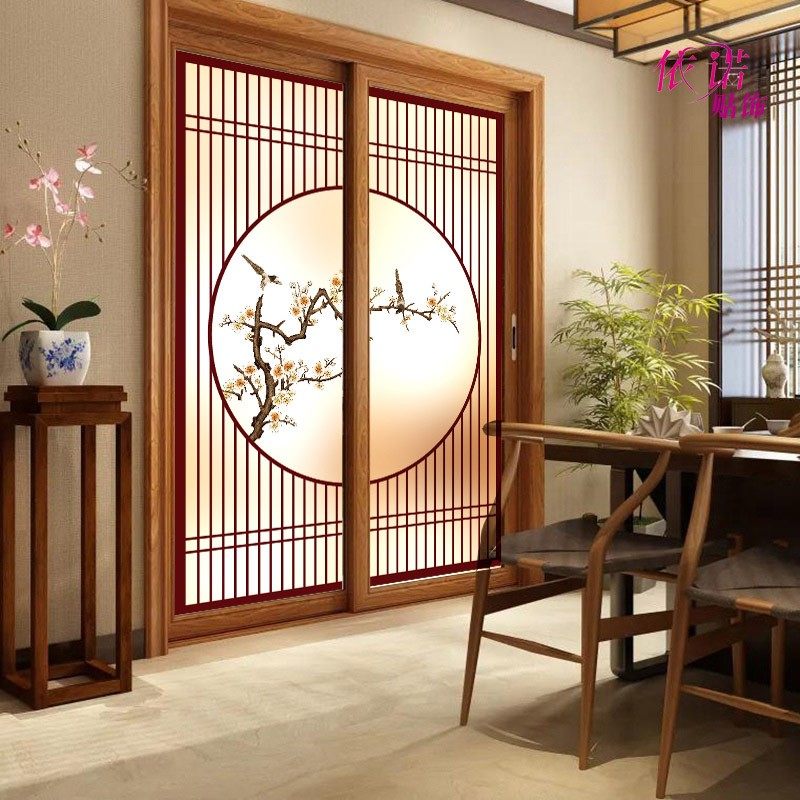 中式古典玻璃磨砂贴膜古典花鸟阳台移门透光不透明静电免胶窗花纸