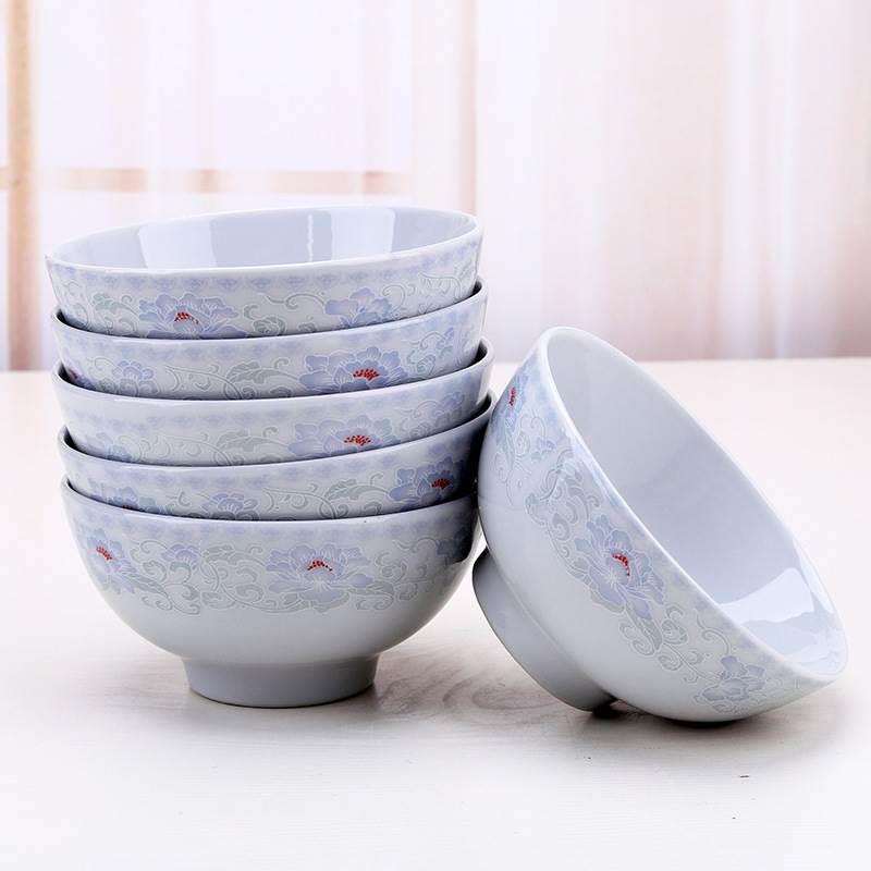 红杜鹃老式碗家用陶瓷米饭5寸饭碗10个装吃饭农村怀旧小碗不烫手
