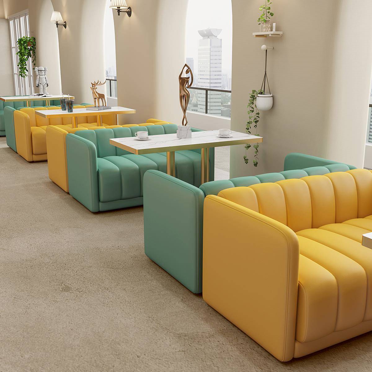 简约餐饮甜品奶茶店咖啡厅休闲区接待售楼处洽谈会客沙发卡座组合