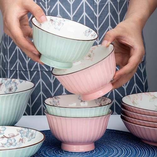 陶瓷餐具碗盘套装加厚防烫家用高脚碗大号吃面创意米饭汤碗深菜盘