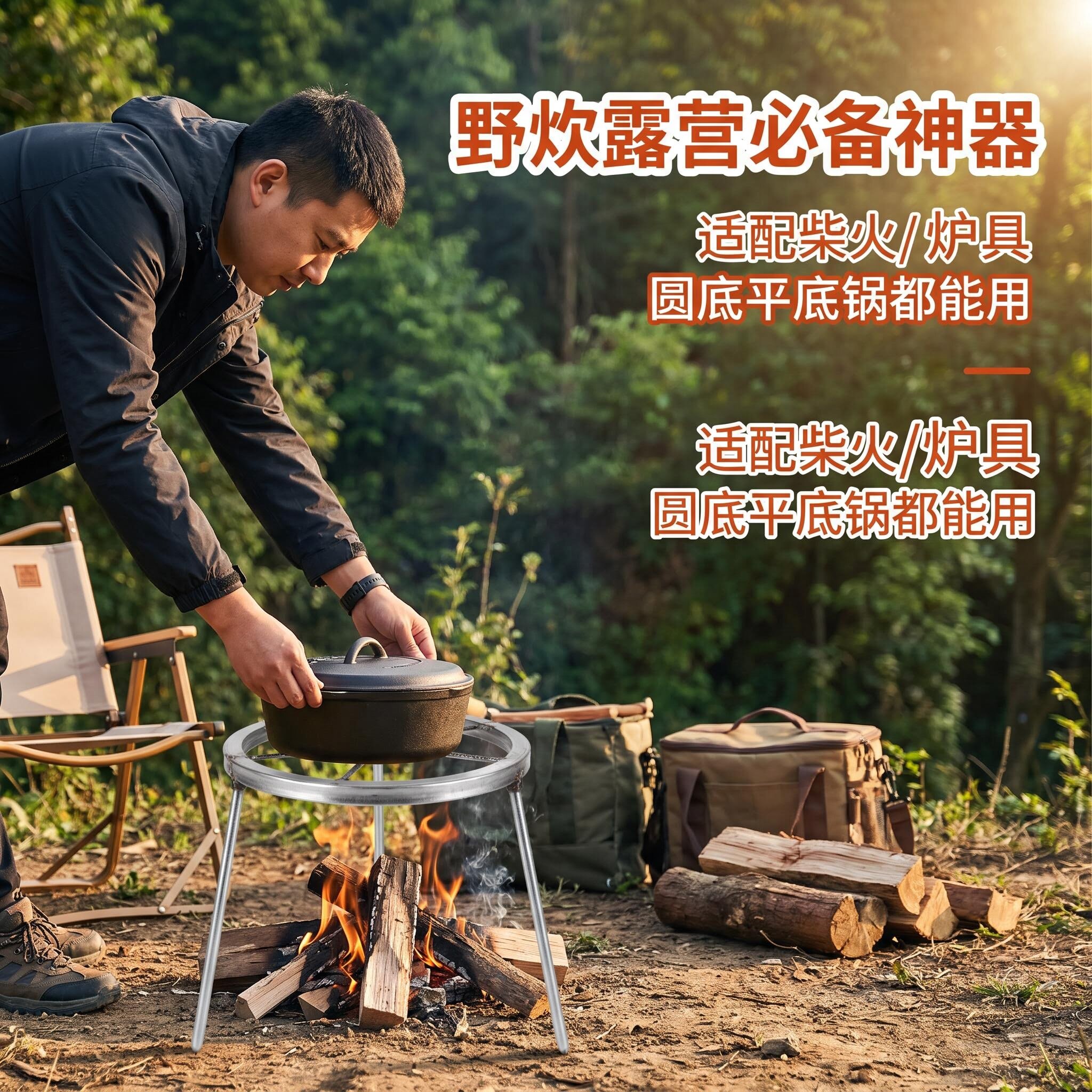 家用炭火架便携户外野营野炊折叠三脚炉灶野外露营柴火炉铁架烤火