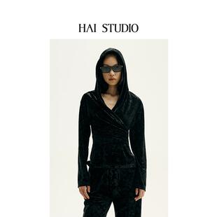 STUDIO 休闲修身 HAI 2025春夏女丝绒连帽上衣 长袖 卫衣连帽衫