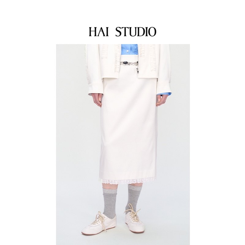 HAI STUDIO2025秋冬新品女士白色缎面蕾丝拼接半裙休闲长裙半身裙