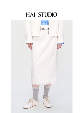 HAI STUDIO2025秋冬新品女士白色缎面蕾丝拼接半裙休闲长裙半身裙