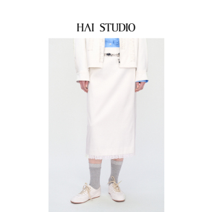HAI 女士白色缎面蕾丝拼接半裙休闲长裙半身裙 STUDIO2025秋冬新品