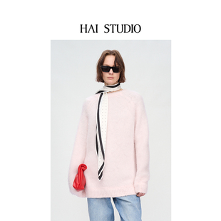 HAI STUDIO2025秋冬新品 女士美利奴羊毛丝巾针织毛衣 飘带领毛衣