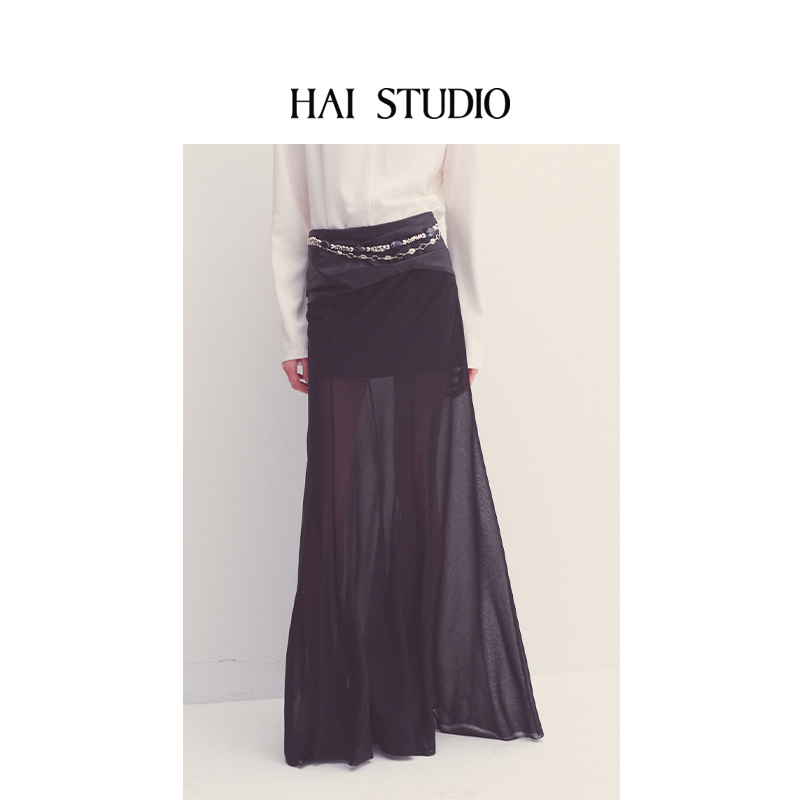 yigenana同款HAI STUDIO2025秋冬新品女环保皮拼纱半裙拼接半身裙