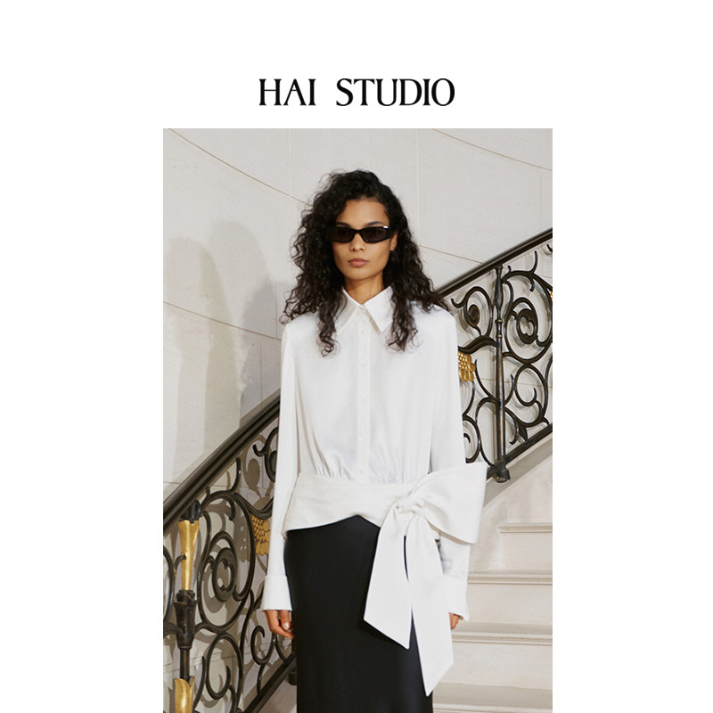 宋佳陈丽君同款HAI STUDIO秋冬新品女醋酸系结立裁上衣蝴蝶结衬衫